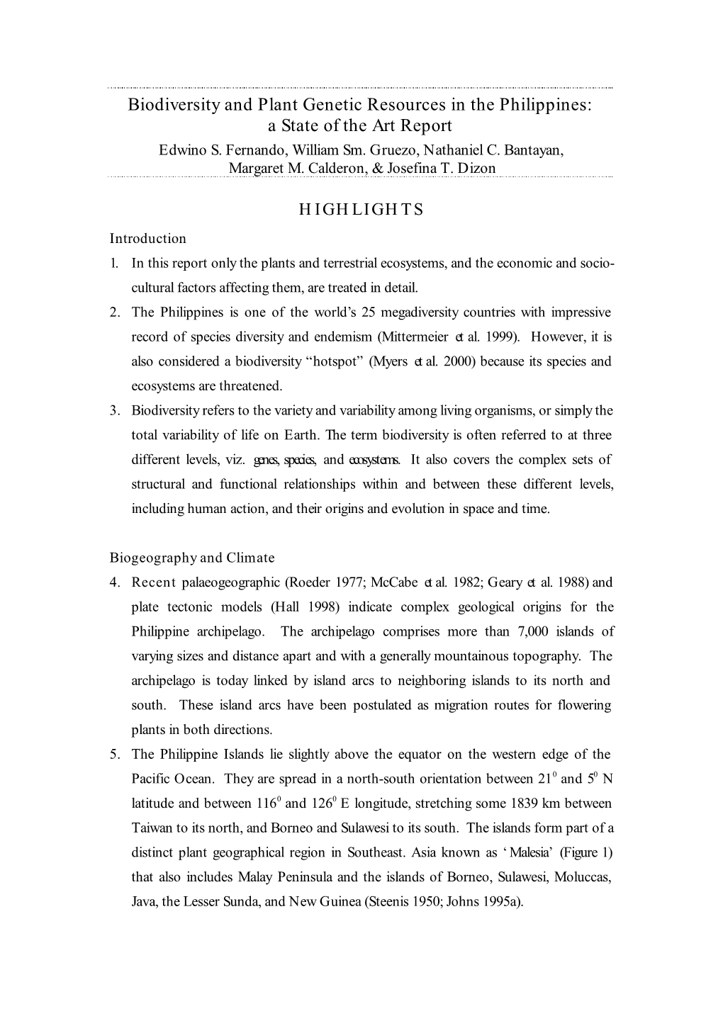 Biodiversity and Plant Genetic Resources in the Philippines: a State of the Art Report