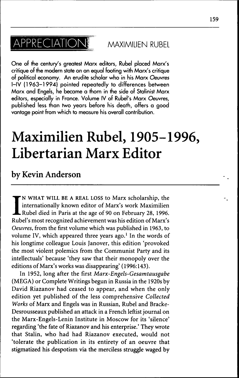 Maximilien Rubel, 1905-1996, Libertarian Marx Editor by Kevin Anderson