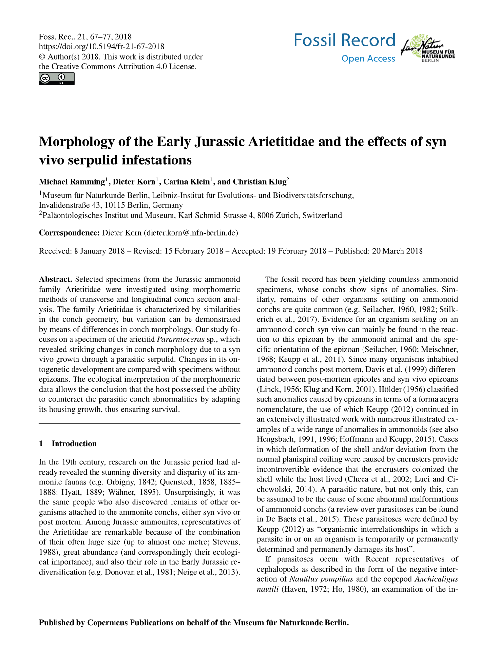 Morphology of the Early Jurassic Arietitidae and the Effects of Syn Vivo Serpulid Infestations