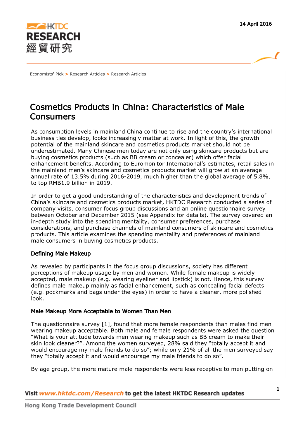 Cosmetics Products in China: Characteristics of Male Consumers
