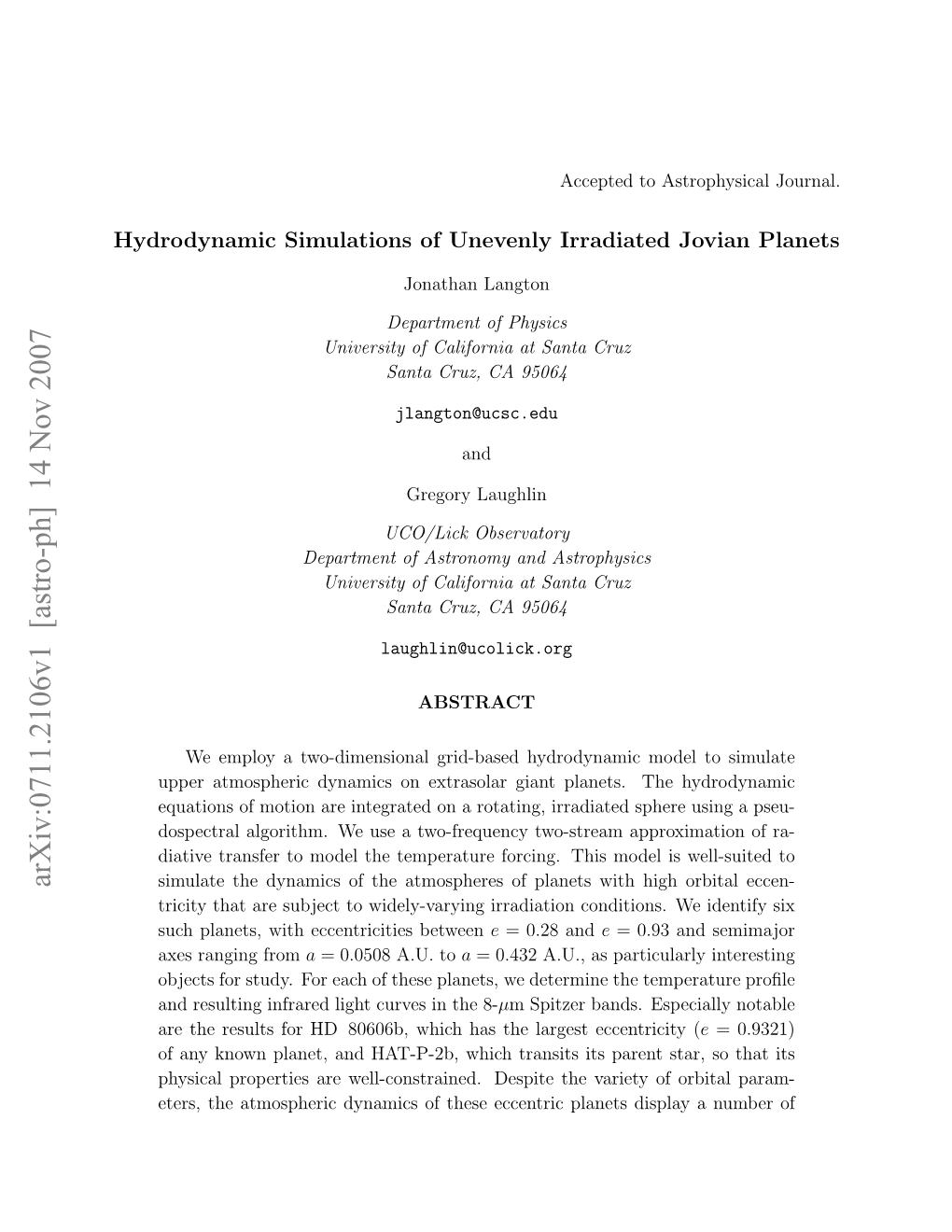 Arxiv:0711.2106V1 [Astro-Ph] 14 Nov 2007