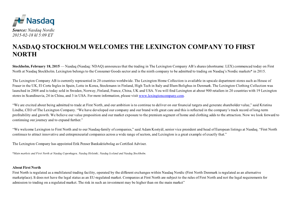 Nasdaq Stockholm Welcomes the Lexington Company to First North