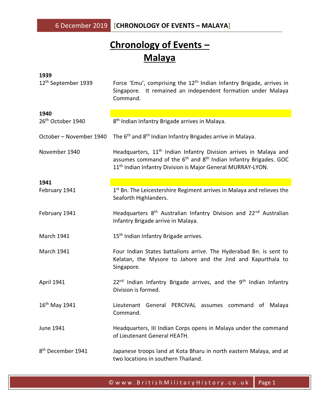 Chronology of Events – Malaya]