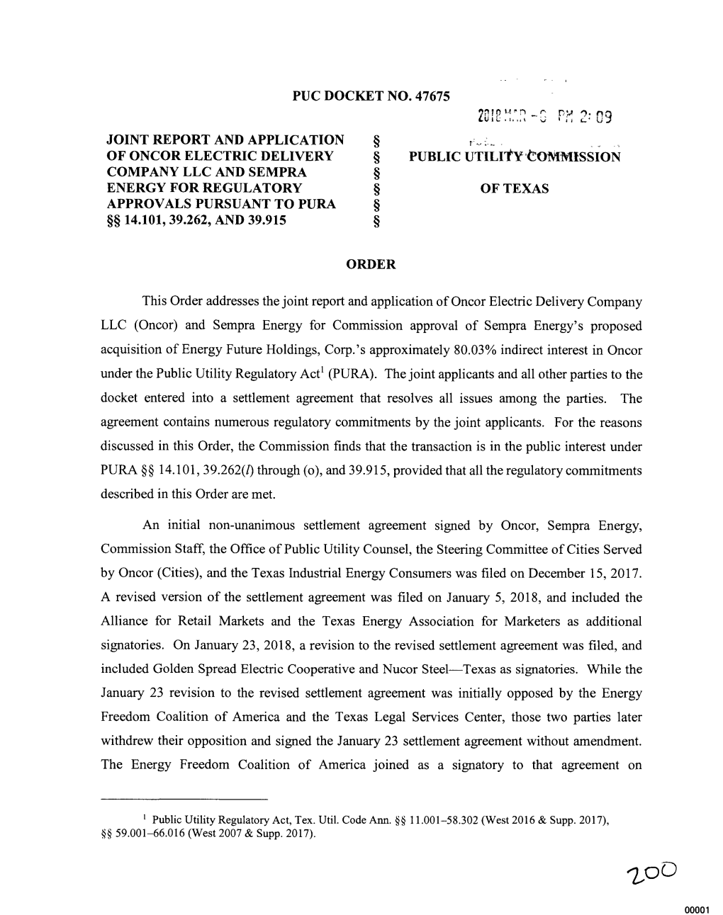 Puc Docket No. 47675 Joint Report and Application of Oncor Electric Delivery Company Llc and Sempra Energy for Regulatory Approv