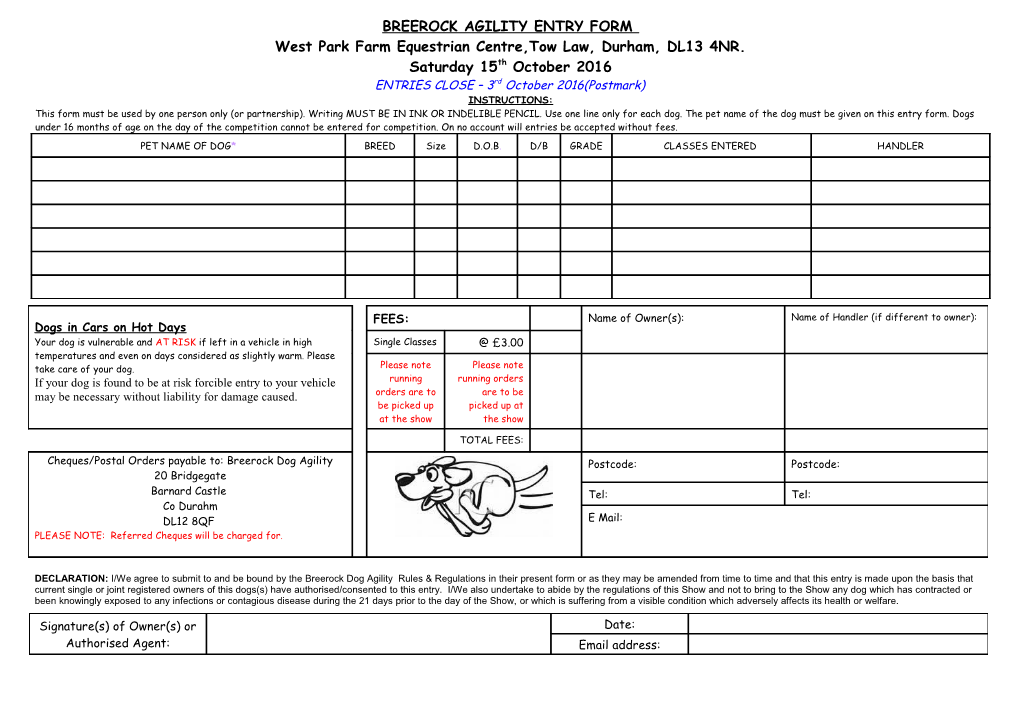 Weardale Dog Agility Entry Form