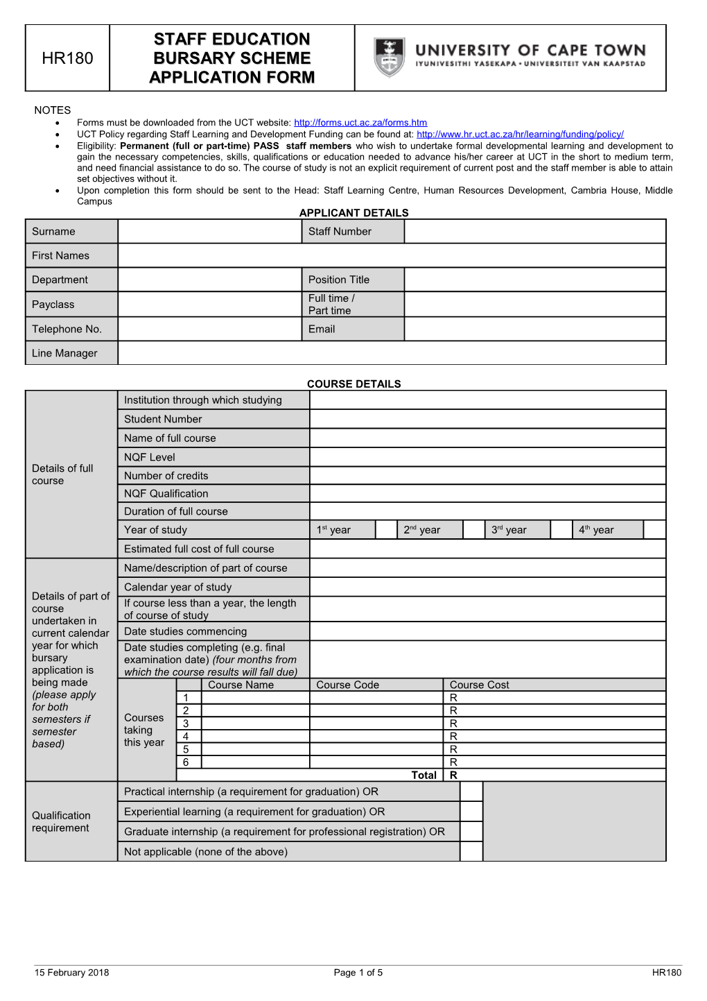 Staff Education Bursary Scheme Application Form