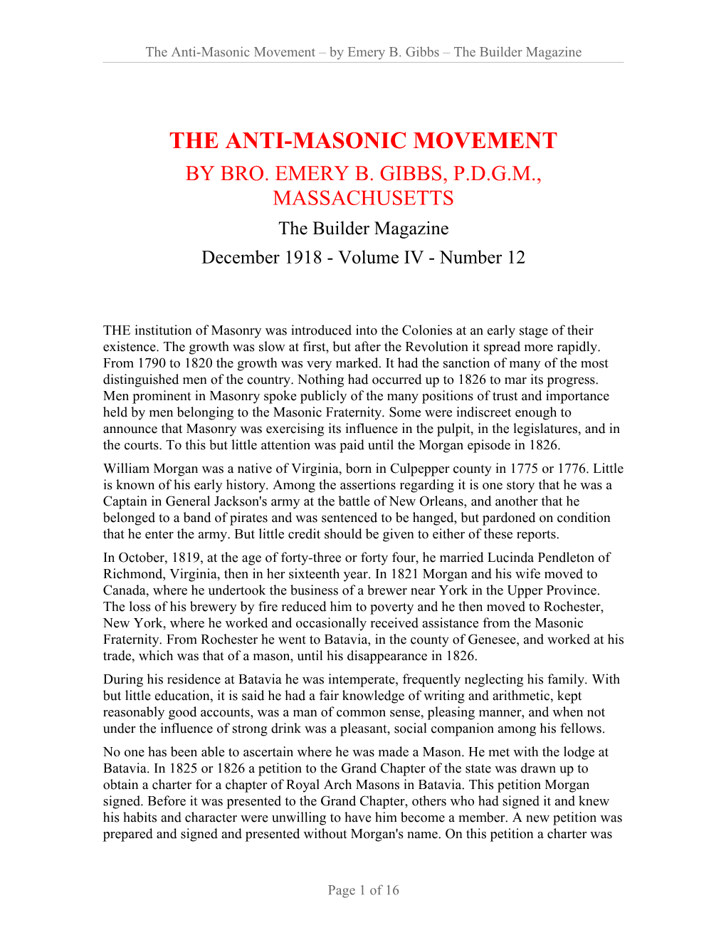 The Anti-Masonic Movement – by Emery B