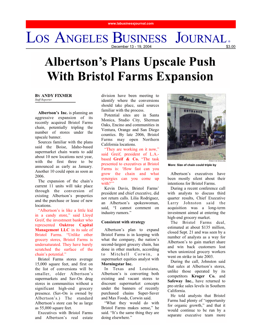 Albertson's Plans Upscale Push with Bristol Farms Expansion