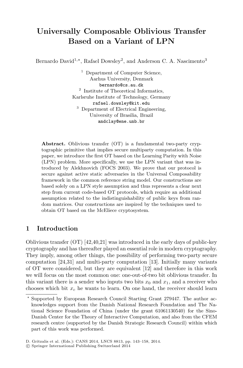 Universally Composable Oblivious Transfer Based on a Variant of LPN