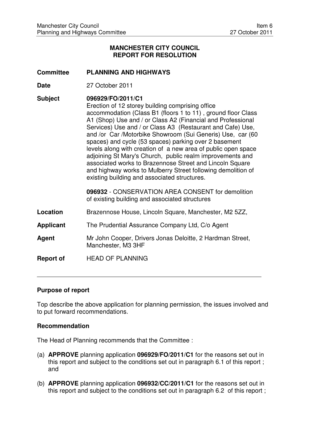 Report to Planning and Highways Committee 27 October 2011 Item 6
