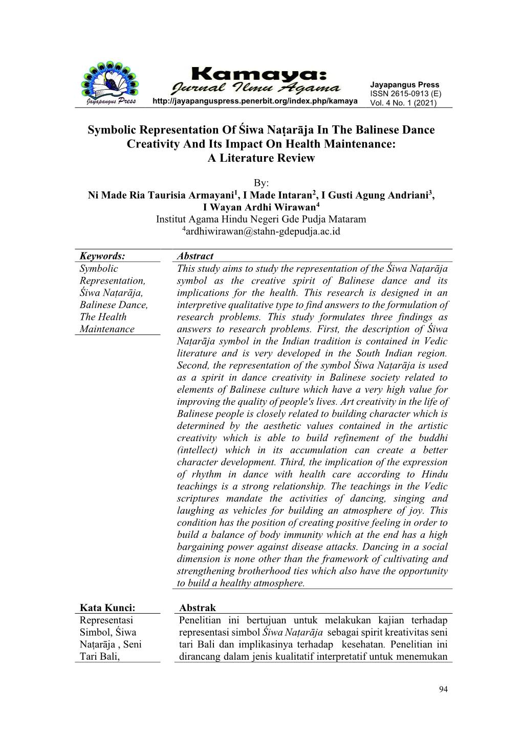 Symbolic Representation of Śiwa Naṭarāja in the Balinese Dance Creativity and Its Impact on Health Maintenance: a Literature Review