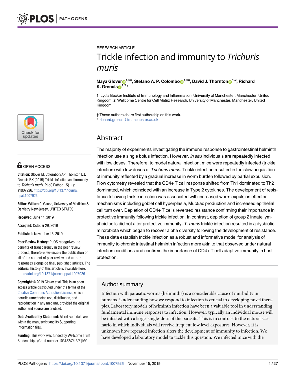 Trickle Infection and Immunity to Trichuris Muris