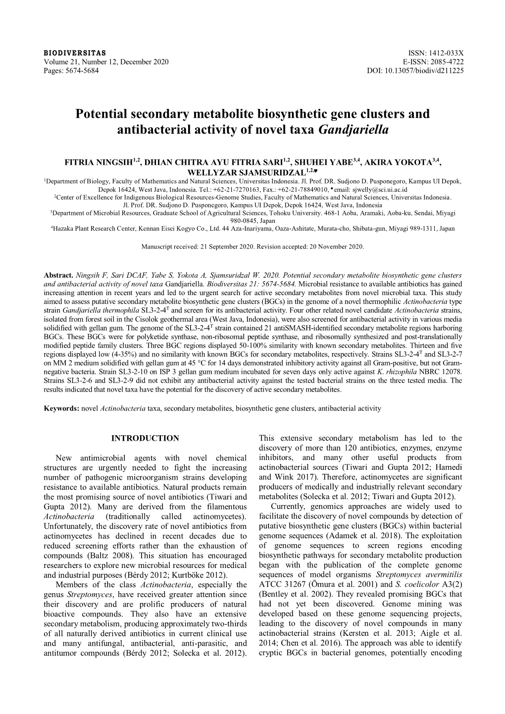 Potential Secondary Metabolite Biosynthetic Gene Clusters and Antibacterial Activity of Novel Taxa Gandjariella