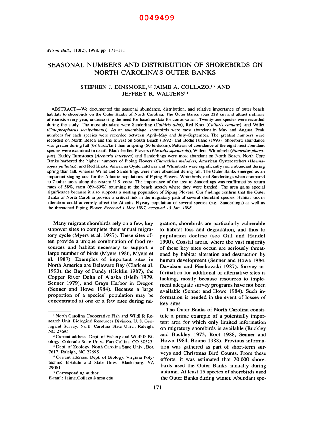 Seasonal Numbers and Distribution of Shorebirds on North Carolina's