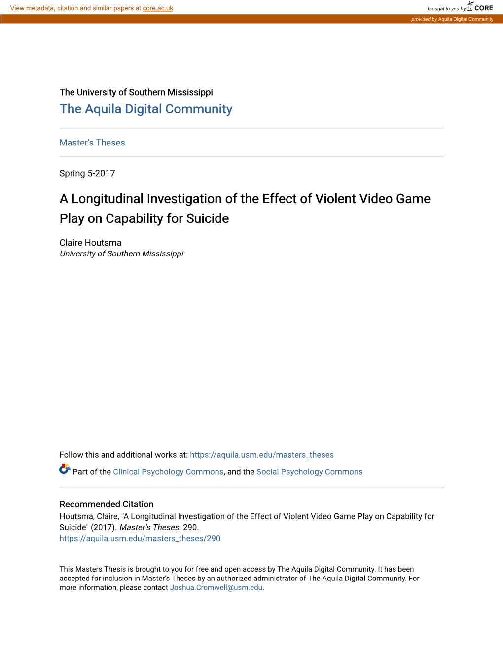 A Longitudinal Investigation of the Effect of Violent Video Game Play on Capability for Suicide