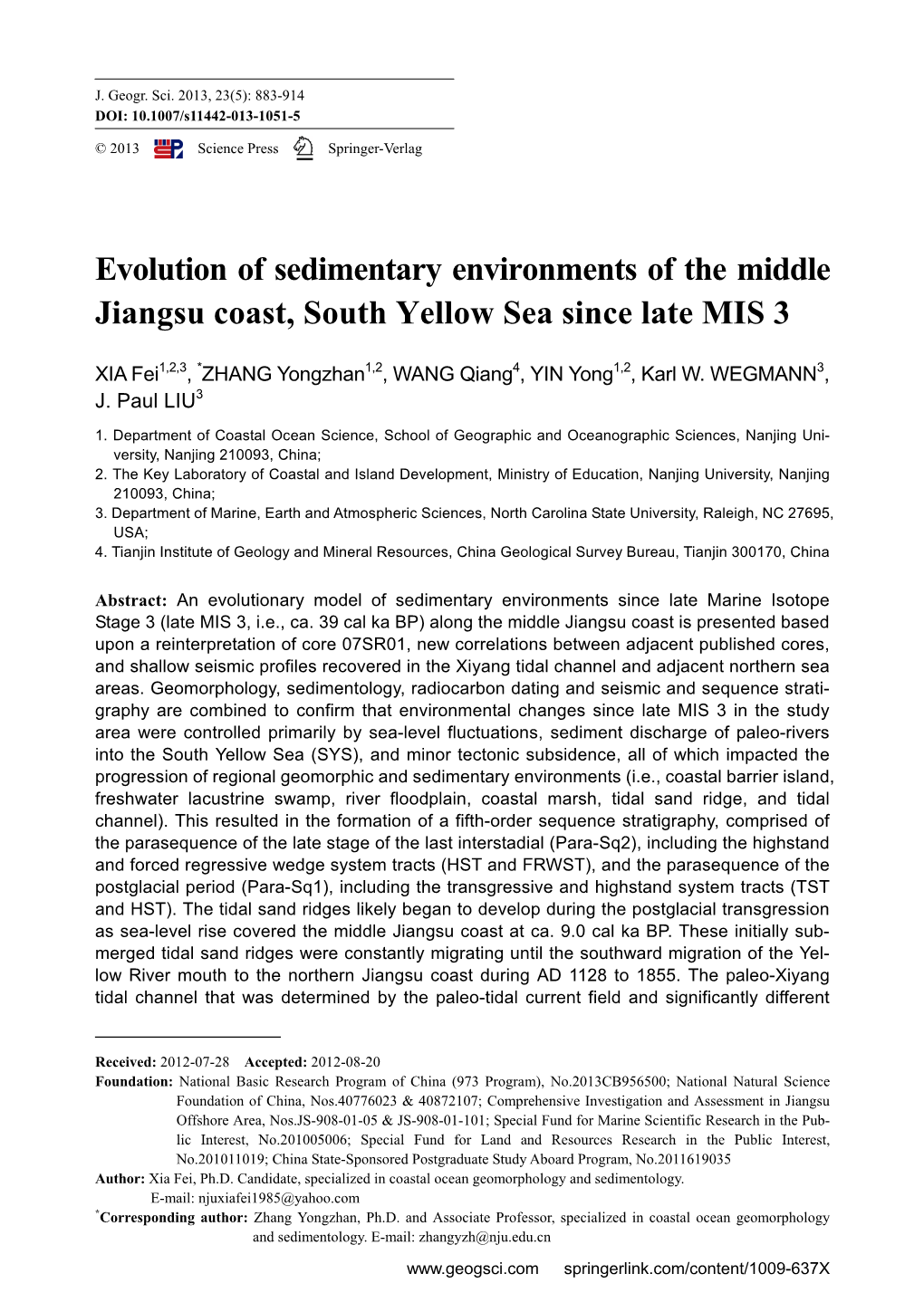 Evolution of Sedimentary Environments of the Middle Jiangsu Coast, South Yellow Sea Since Late MIS 3