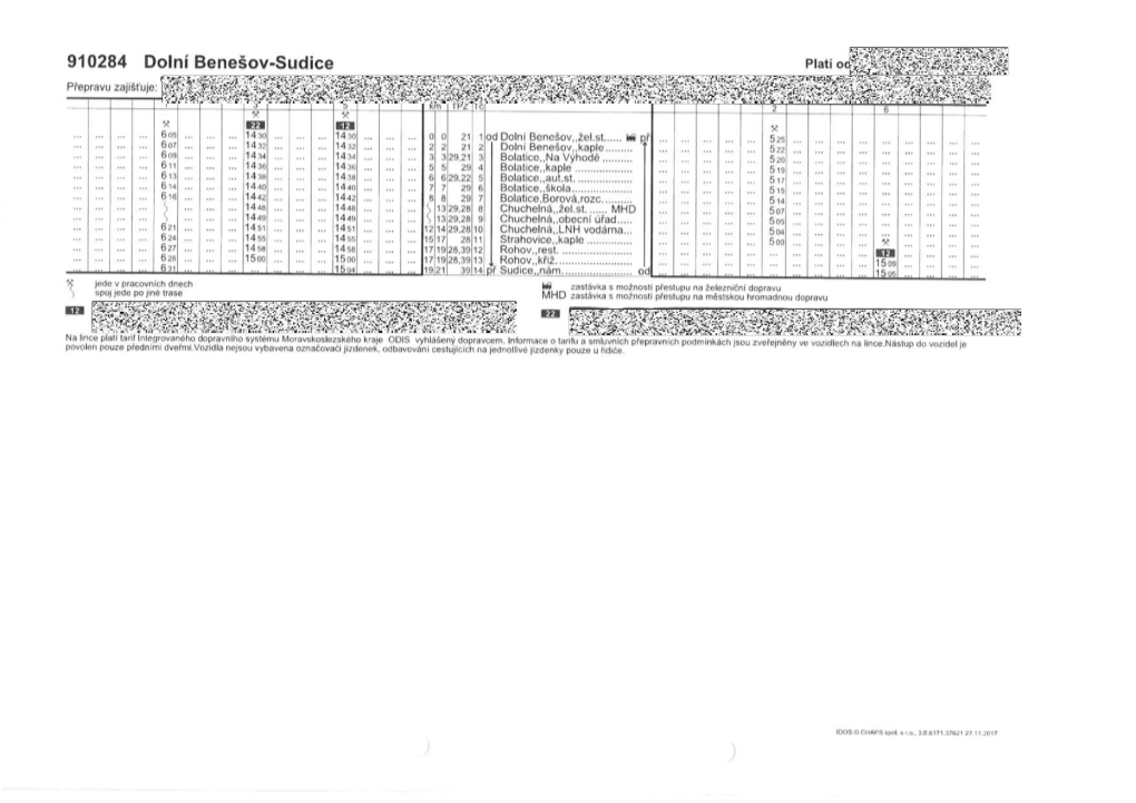 910284 Dolní Benešov-Sudice Platí Přepravu Zajišťuje: 1 3 5 L Km TPZ Jtč 2 6 Tse 5¢ ' 3¢ 3¢