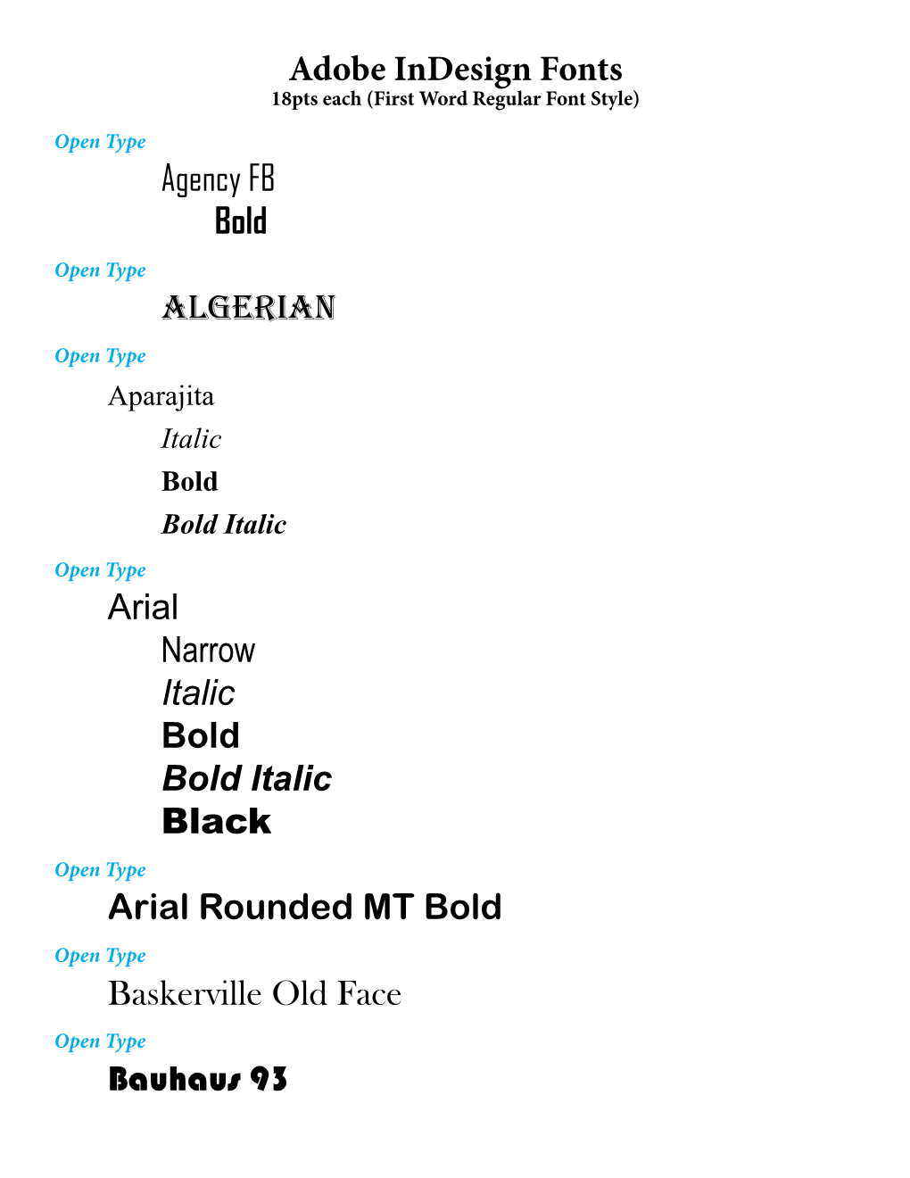 Adobe Indesign Fonts Agency FB Bold Algerian Aparajita Italic Bold