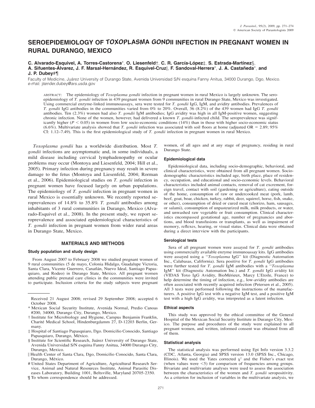 Seroepidemiology of Toxoplasma Gondii Infection in Pregnant Women in Rural Durango, Mexico