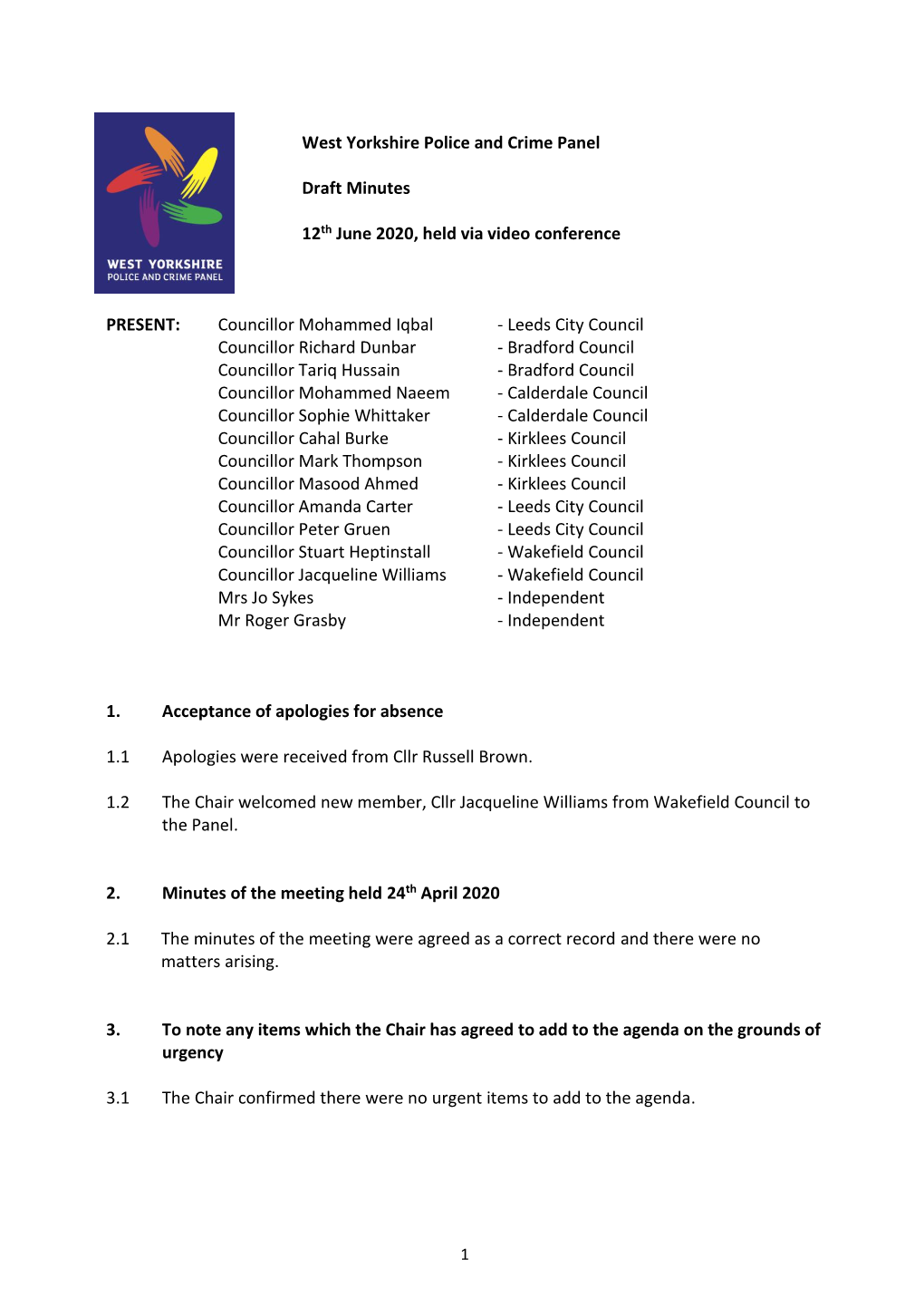 West Yorkshire Police and Crime Panel Draft Minutes 12Th June 2020