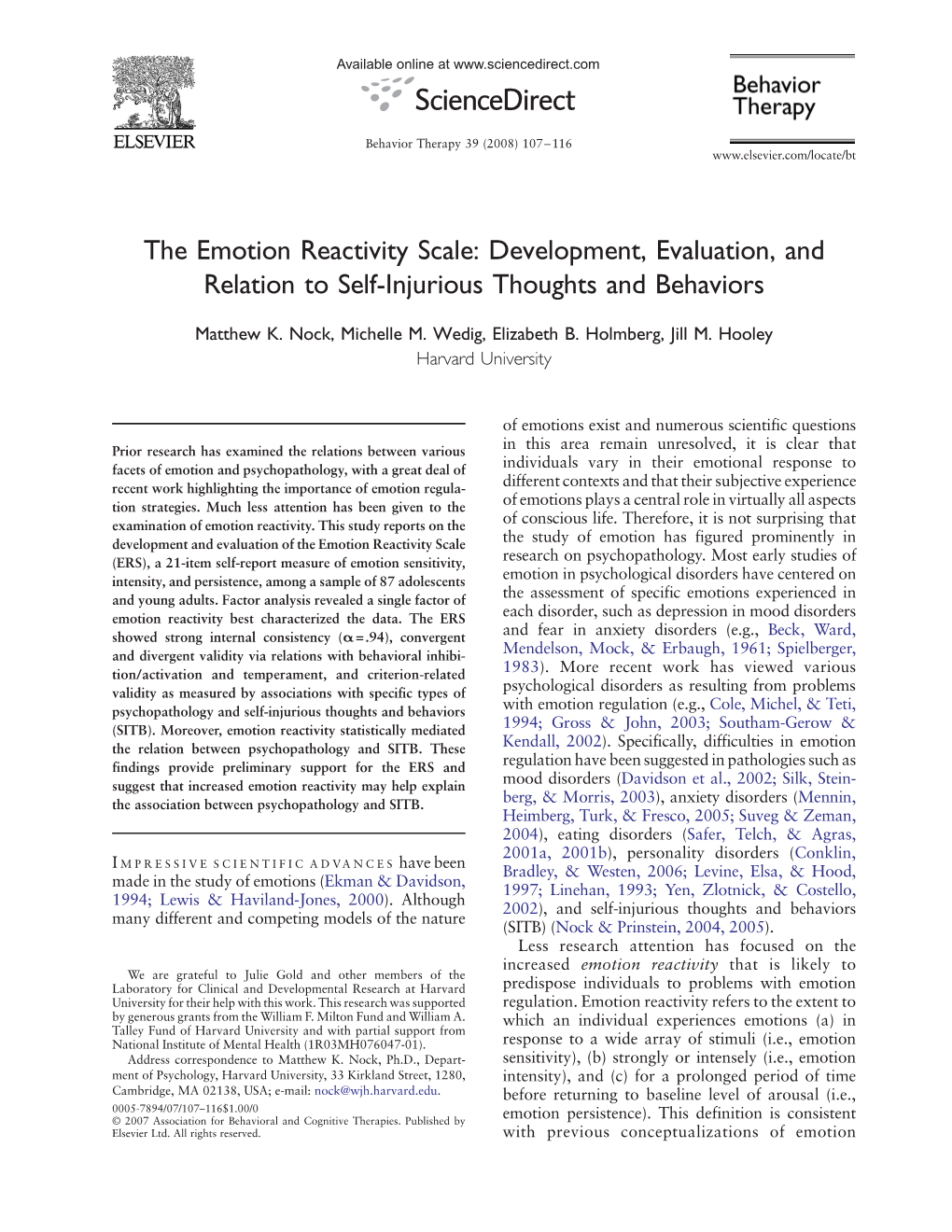 The Emotion Reactivity Scale: Development, Evaluation, and Relation to Self-Injurious Thoughts and Behaviors