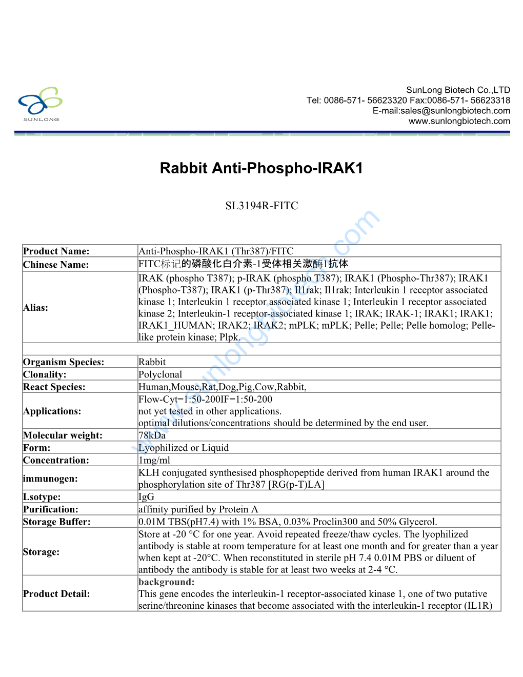 Rabbit Anti-Phospho-IRAK1-SL3194R-FITC
