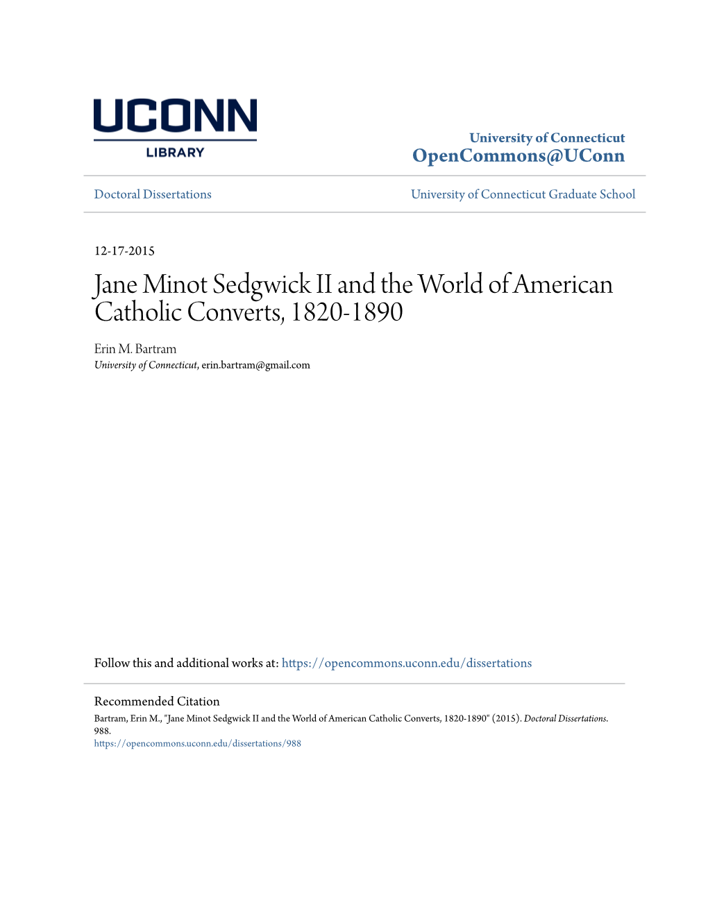 Jane Minot Sedgwick II and the World of American Catholic Converts, 1820-1890 Erin M