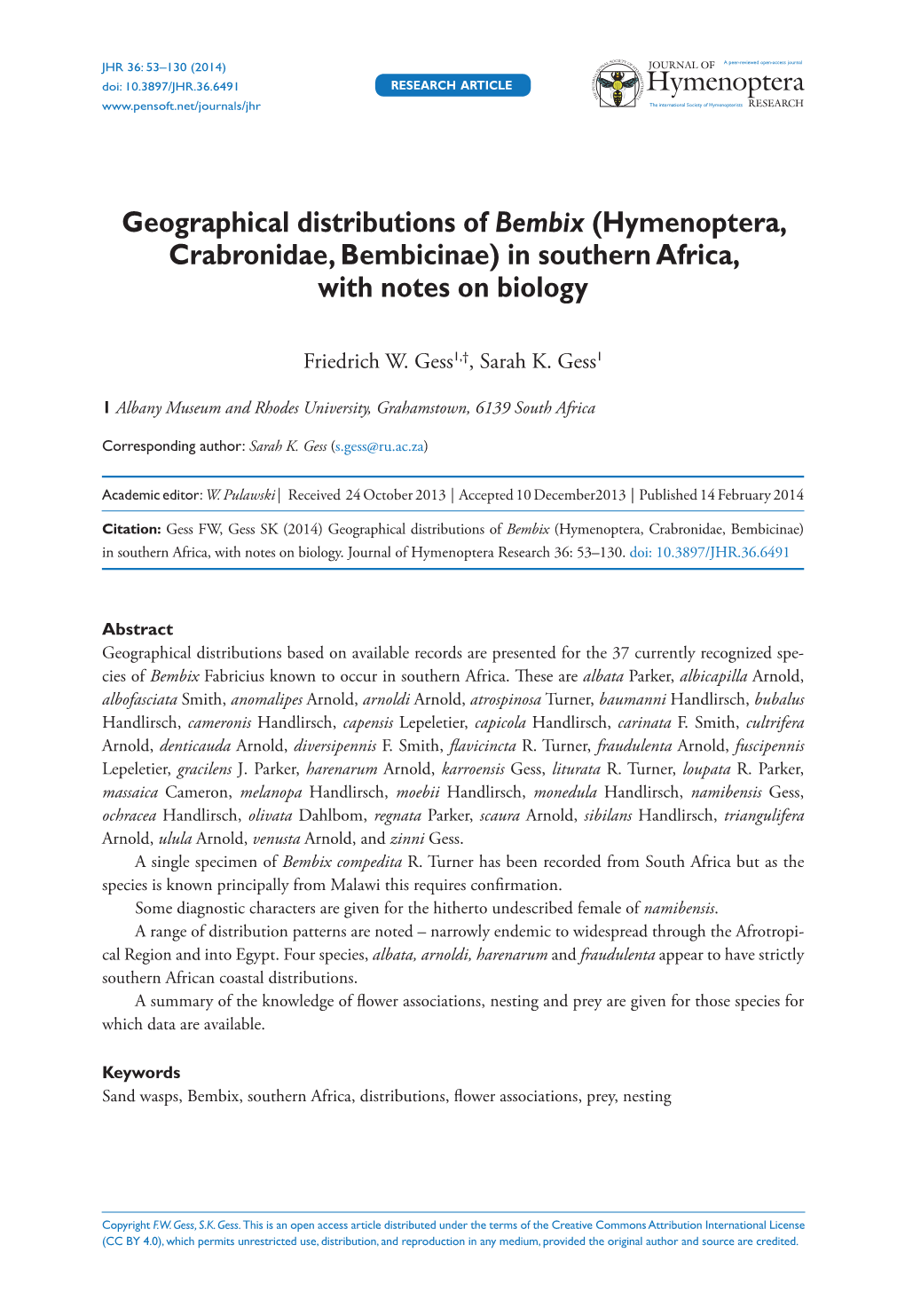 Geographical Distributions of Bembix (Hymenoptera, Crabronidae, Bembicinae) in Southern Africa, with Notes on Biology