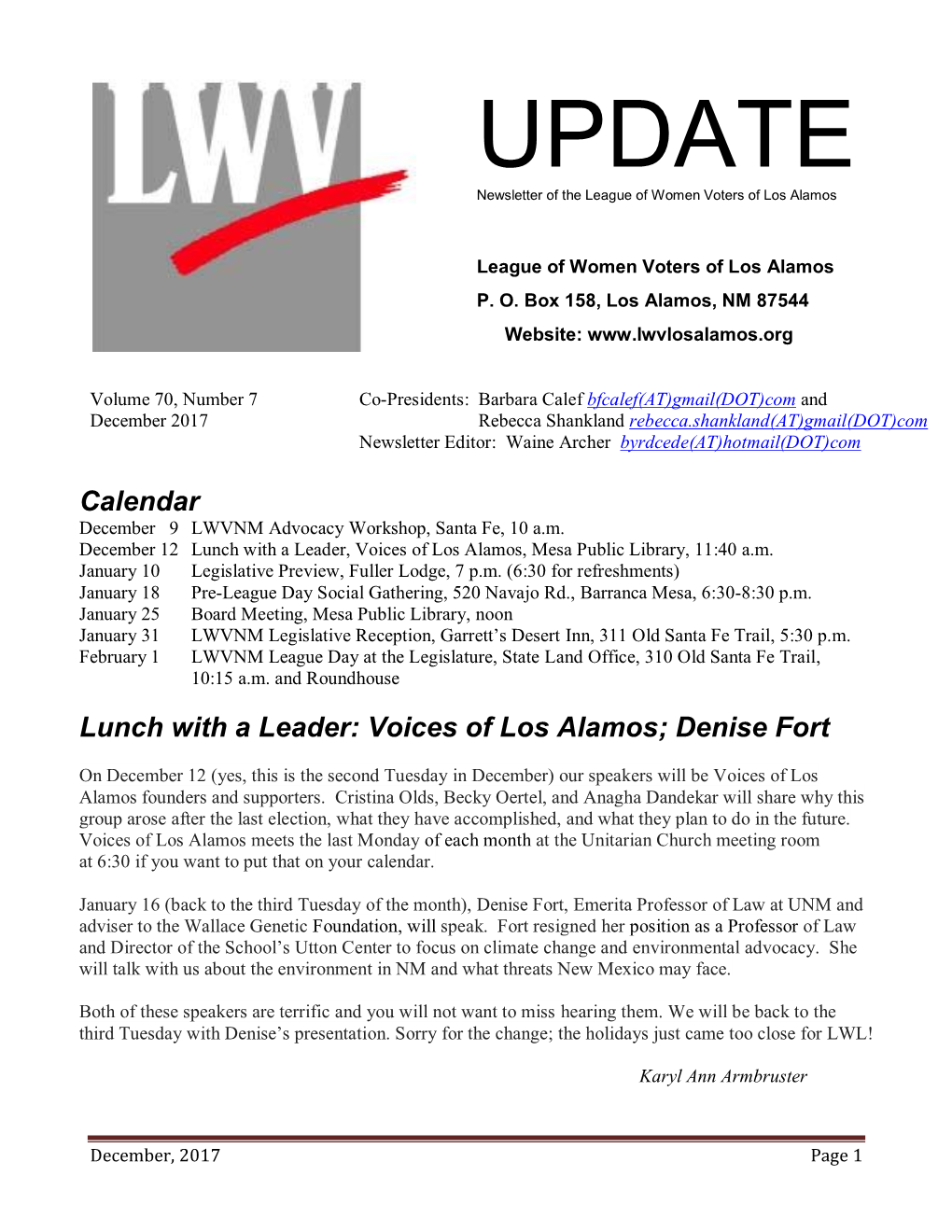 UPDATE Newsletter of the League of Women Voters of Los Alamos