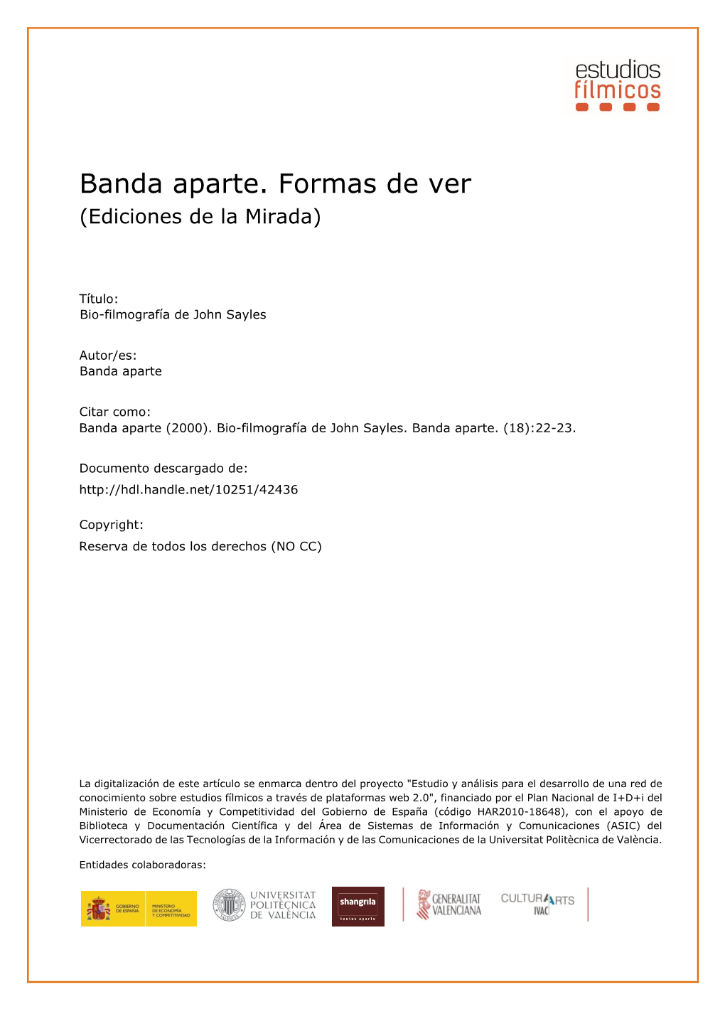 Banda Aparte. Formas De Ver (Ediciones De La Mirada)