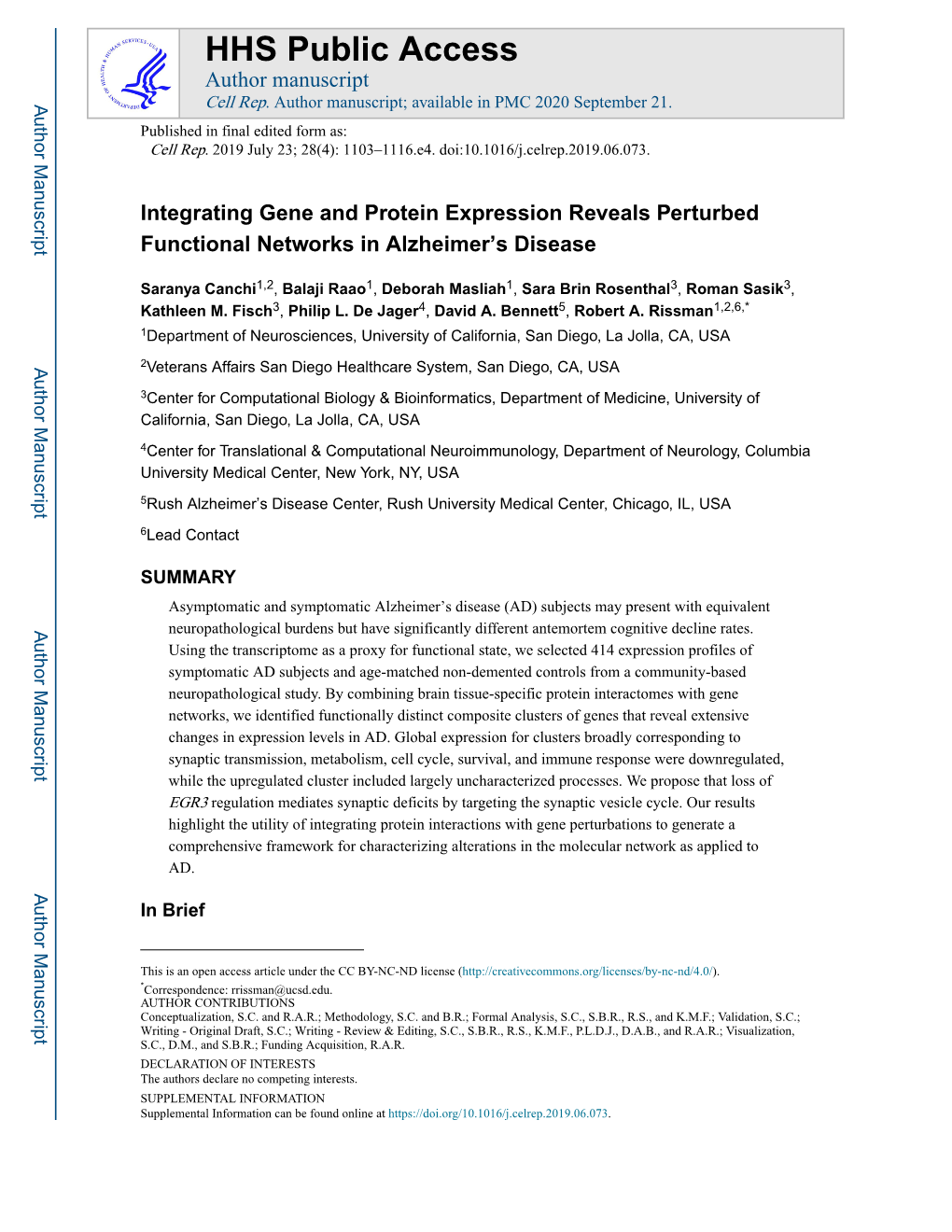 Integrating Gene and Protein Expression Reveals Perturbed Functional Networks in Alzheimer's Disease