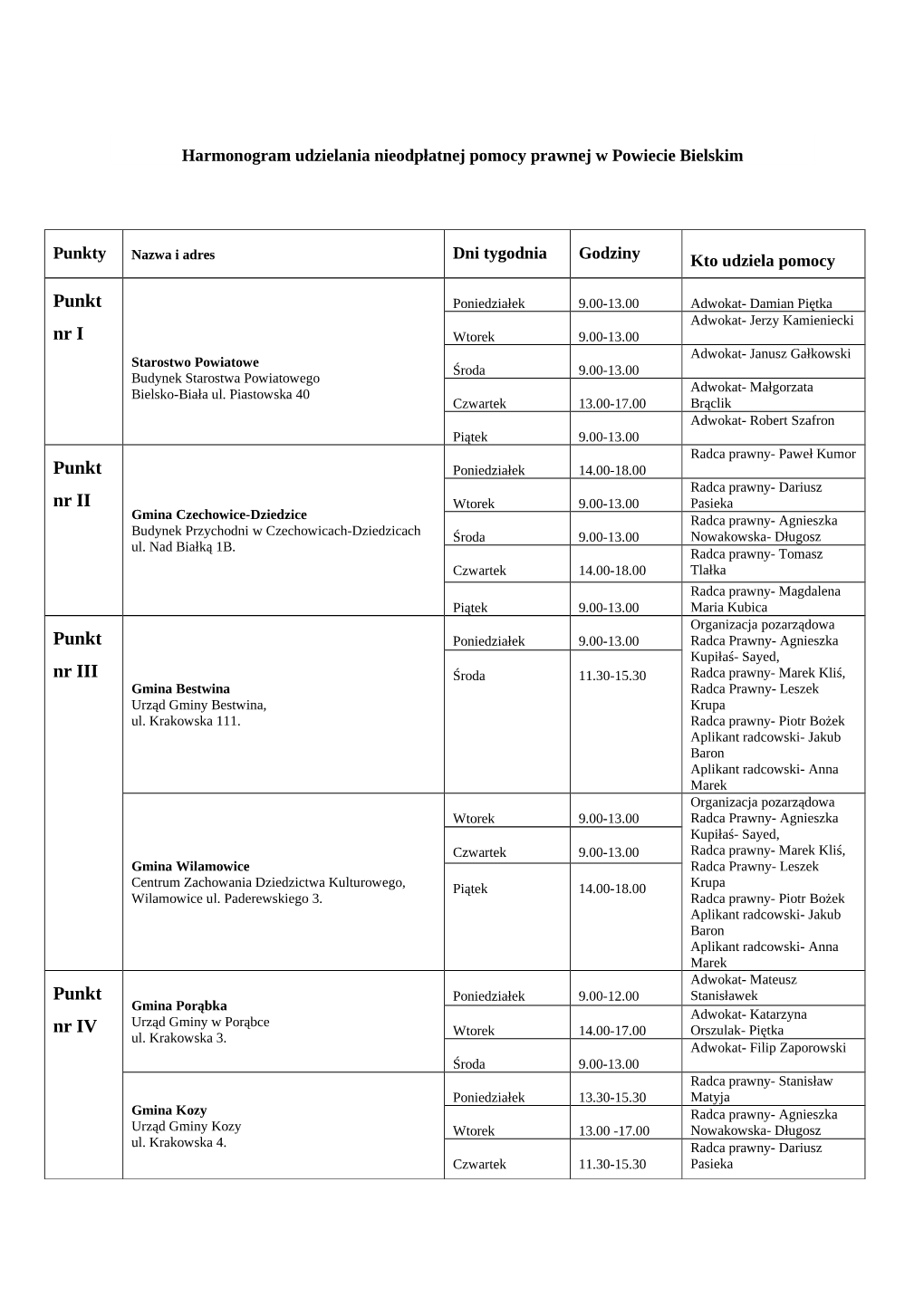 Harmonogram Udzielania Nieodpłatnej Pomocy Prawnej W Powiecie Bielskim