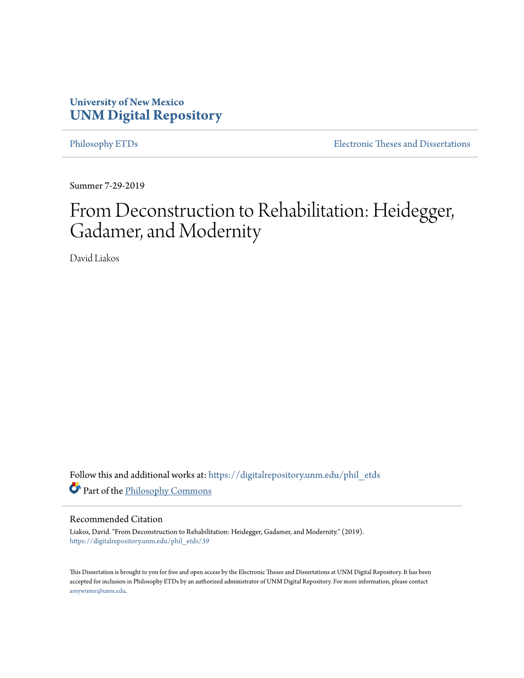 Heidegger, Gadamer, and Modernity David Liakos