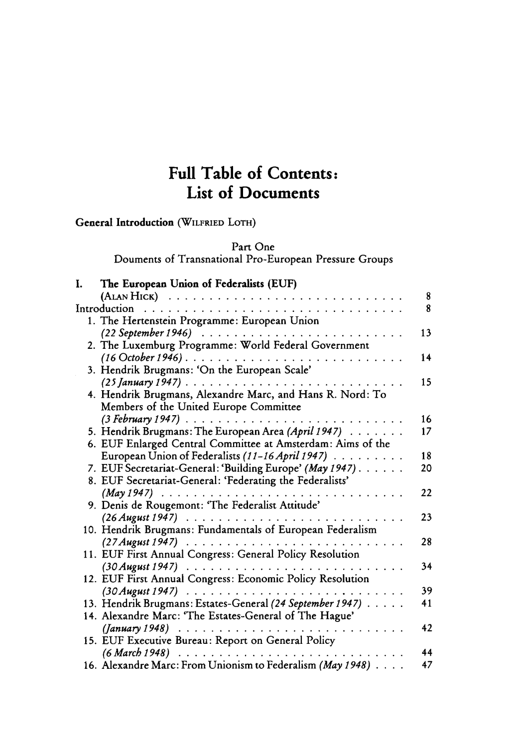 Full Table of Contents: List of Documents