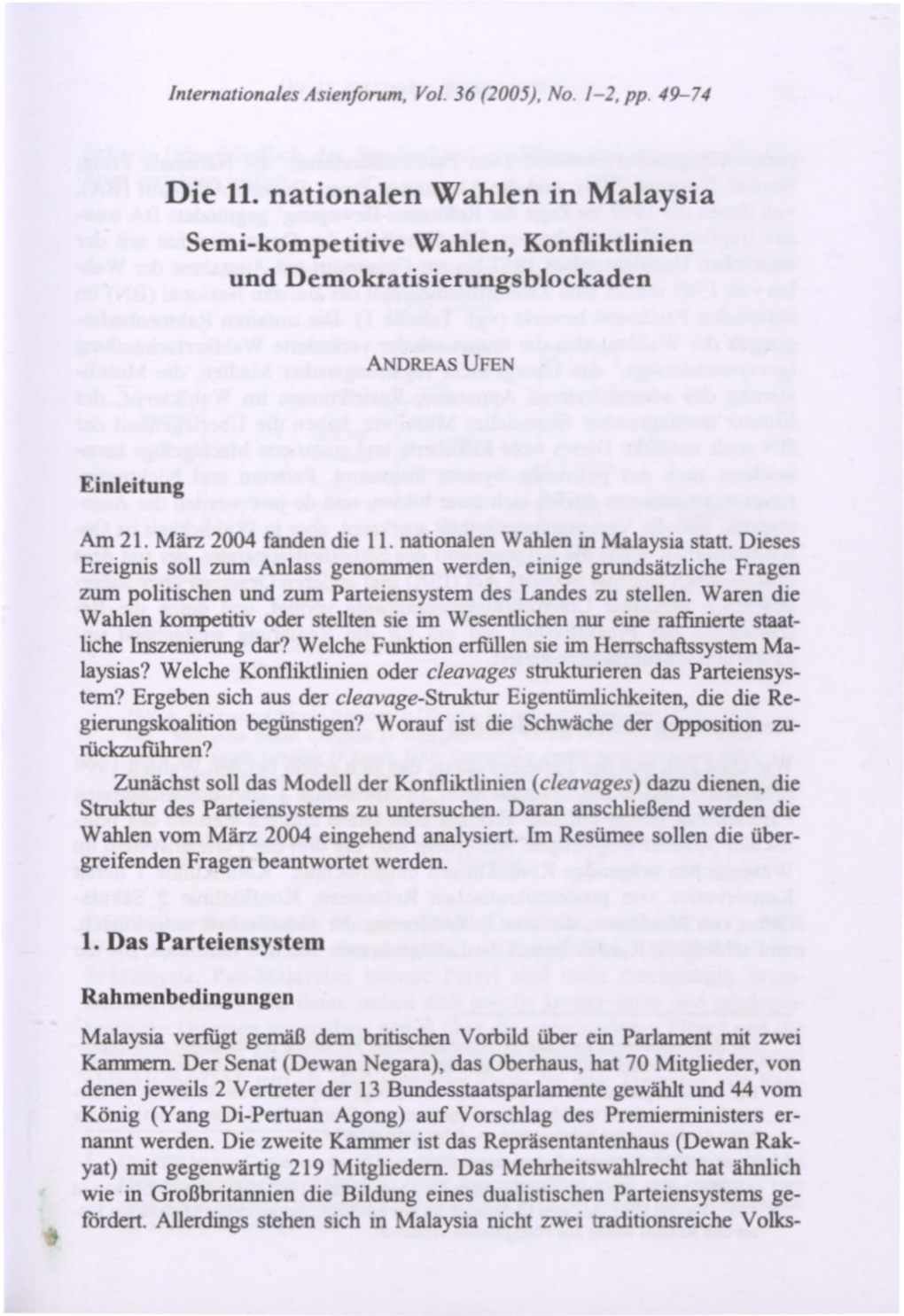 Die 11. Nationalen Wahlen in Malaysia Semi-Kompetitive Wahlen, Konfliktlinien Und Demokratisierungsblockaden