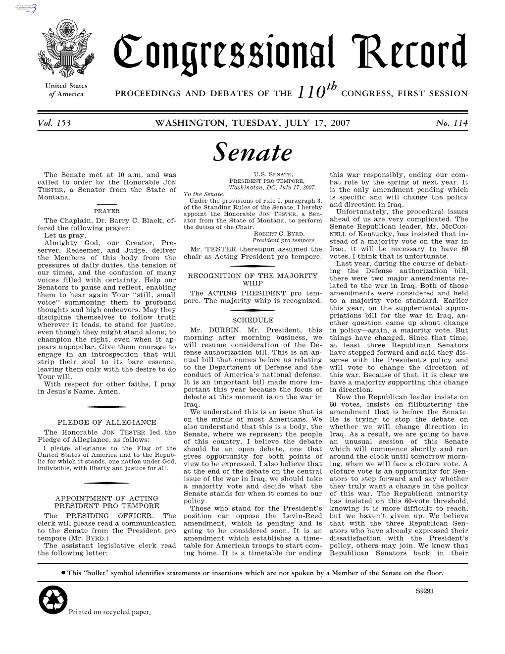 Congressional Record United States Th of America PROCEEDINGS and DEBATES of the 110 CONGRESS, FIRST SESSION