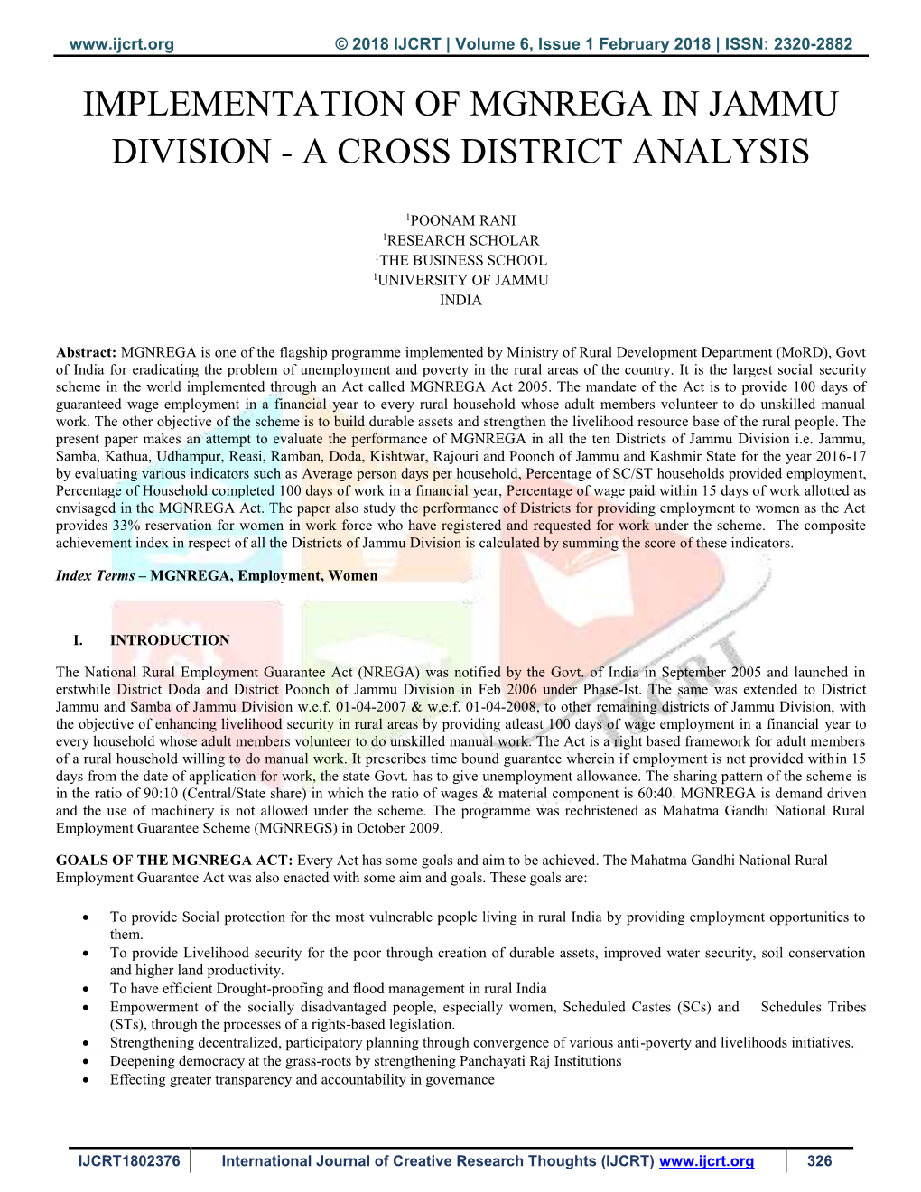 Implementation of Mgnrega in Jammu Division - a Cross District Analysis