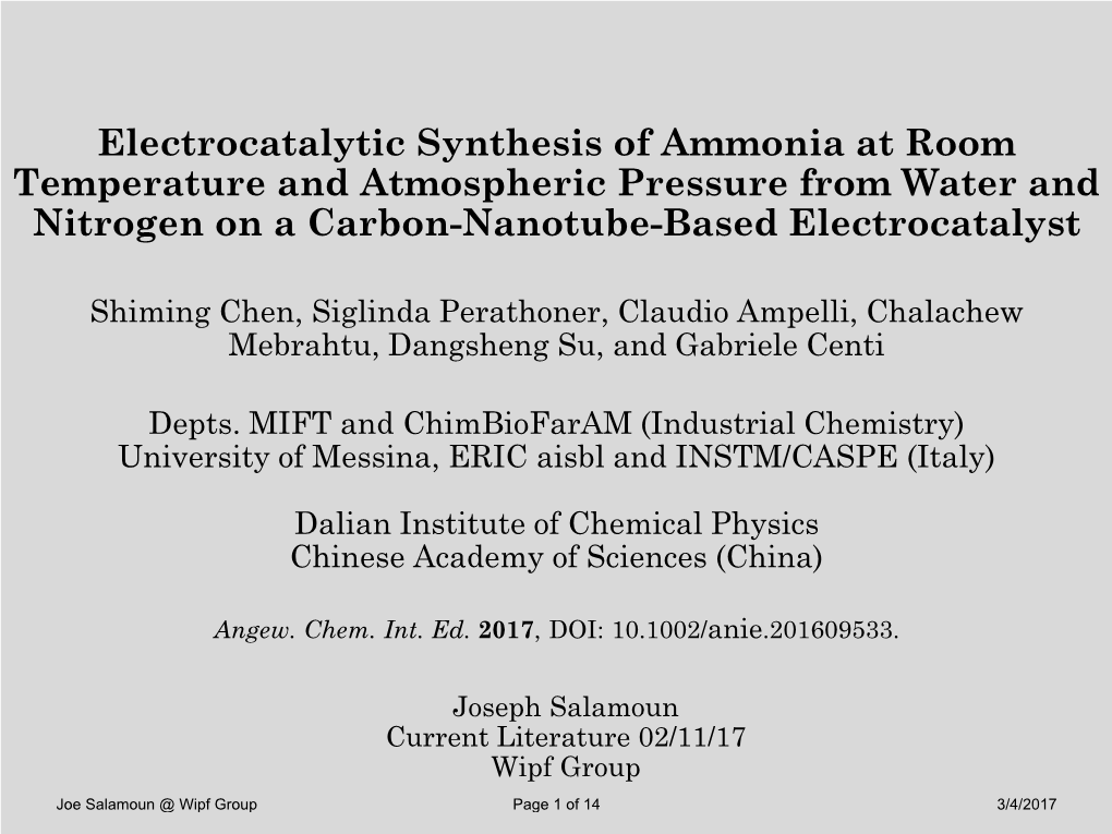 Electrocatalytic Synthesis of Ammonia at Room Temperature and Atmospheric Pressure from Water and Nitrogen on a Carbon-Nanotube-Based Electrocatalyst