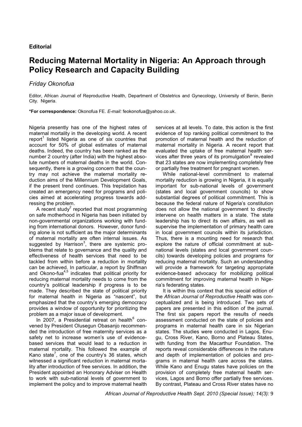 Reducing Maternal Mortality in Nigeria: an Approach Through Policy Research and Capacity Building