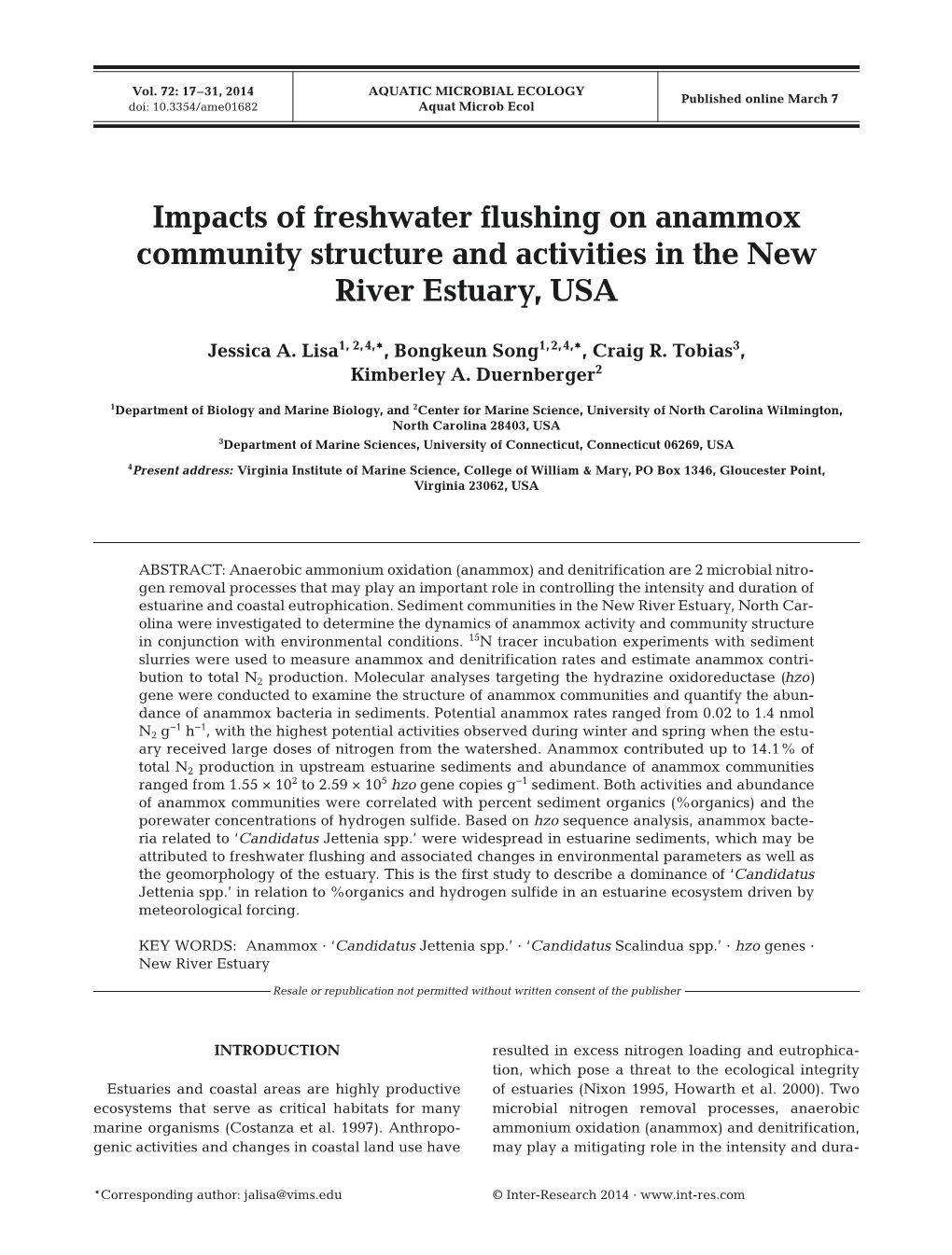 Impacts of Freshwater Flushing on Anammox Community Structure and Activities in the New River Estuary, USA