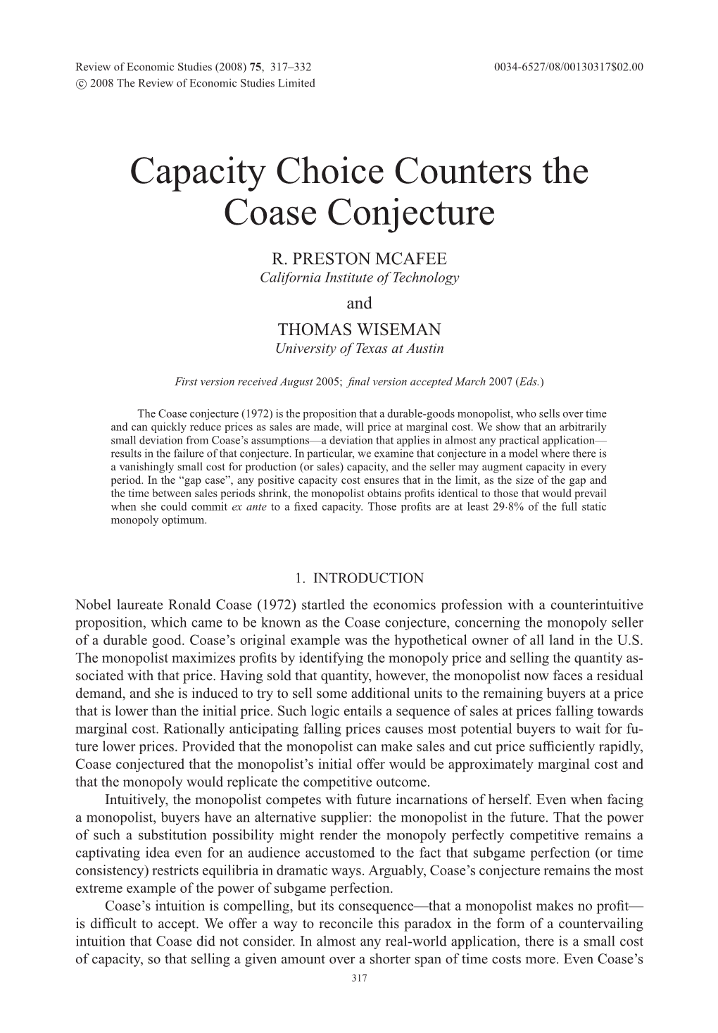 Capacity Choice Counters the Coase Conjecture R