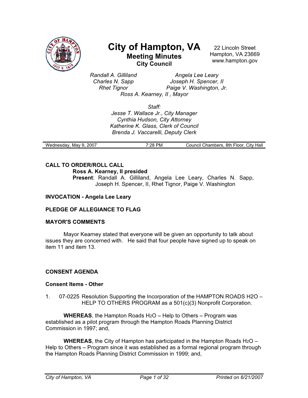 City of Hampton, VA 22 Lincoln Street Meeting Minutes Hampton, VA 23669 City Council