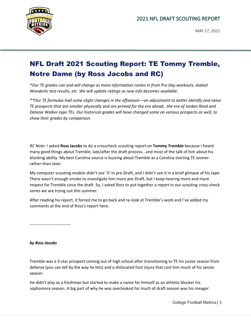 NFL Draft 2021 Scouting Report: TE Tommy Tremble, Notre Dame (By Ross Jacobs and RC)