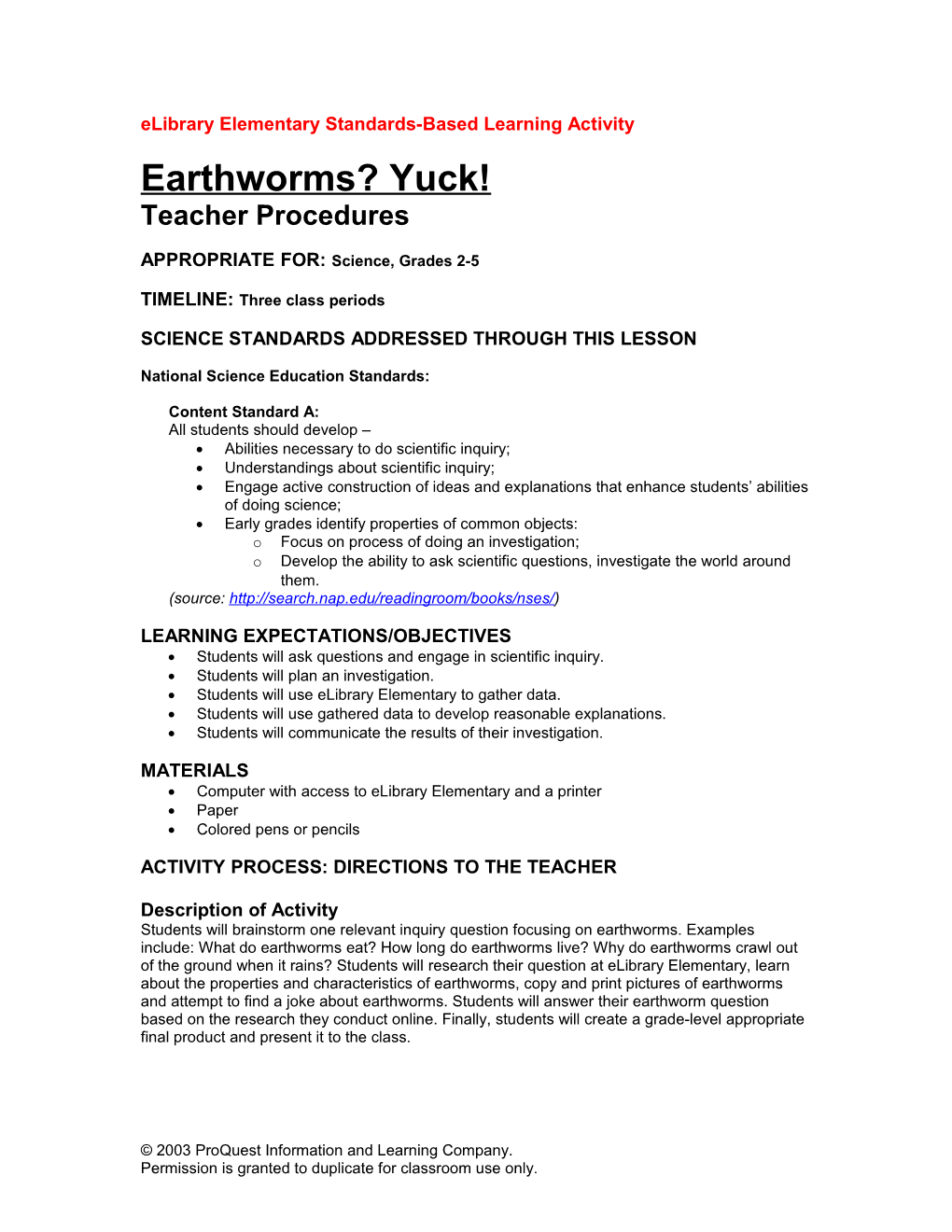 Elibrary Elementary Standards-Based Learning Activity