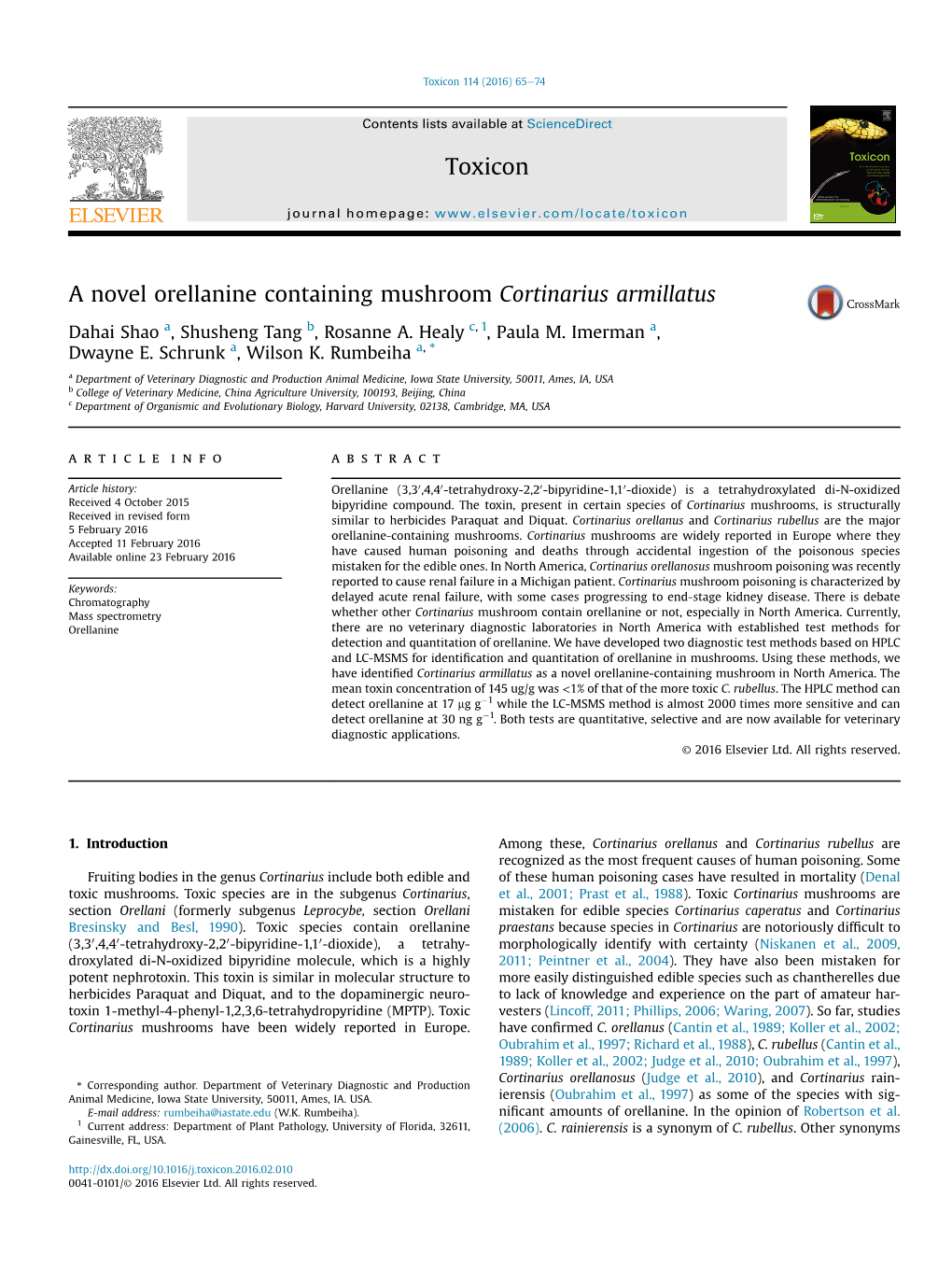 A Novel Orellanine Containing Mushroom Cortinarius Armillatus