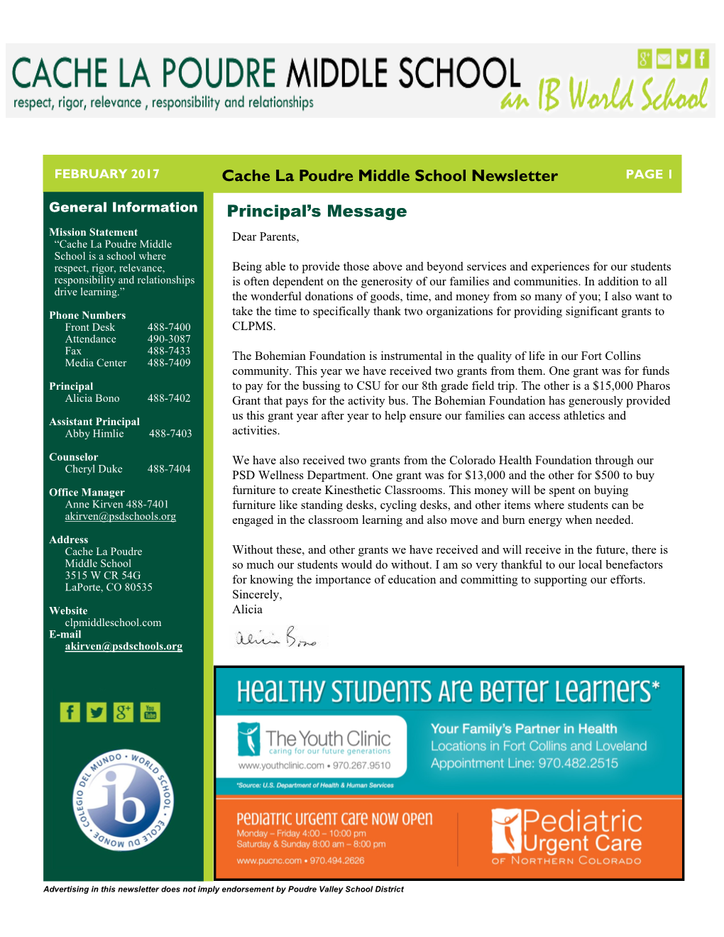 Cache La Poudre Middle School Newsletter Principal's Message