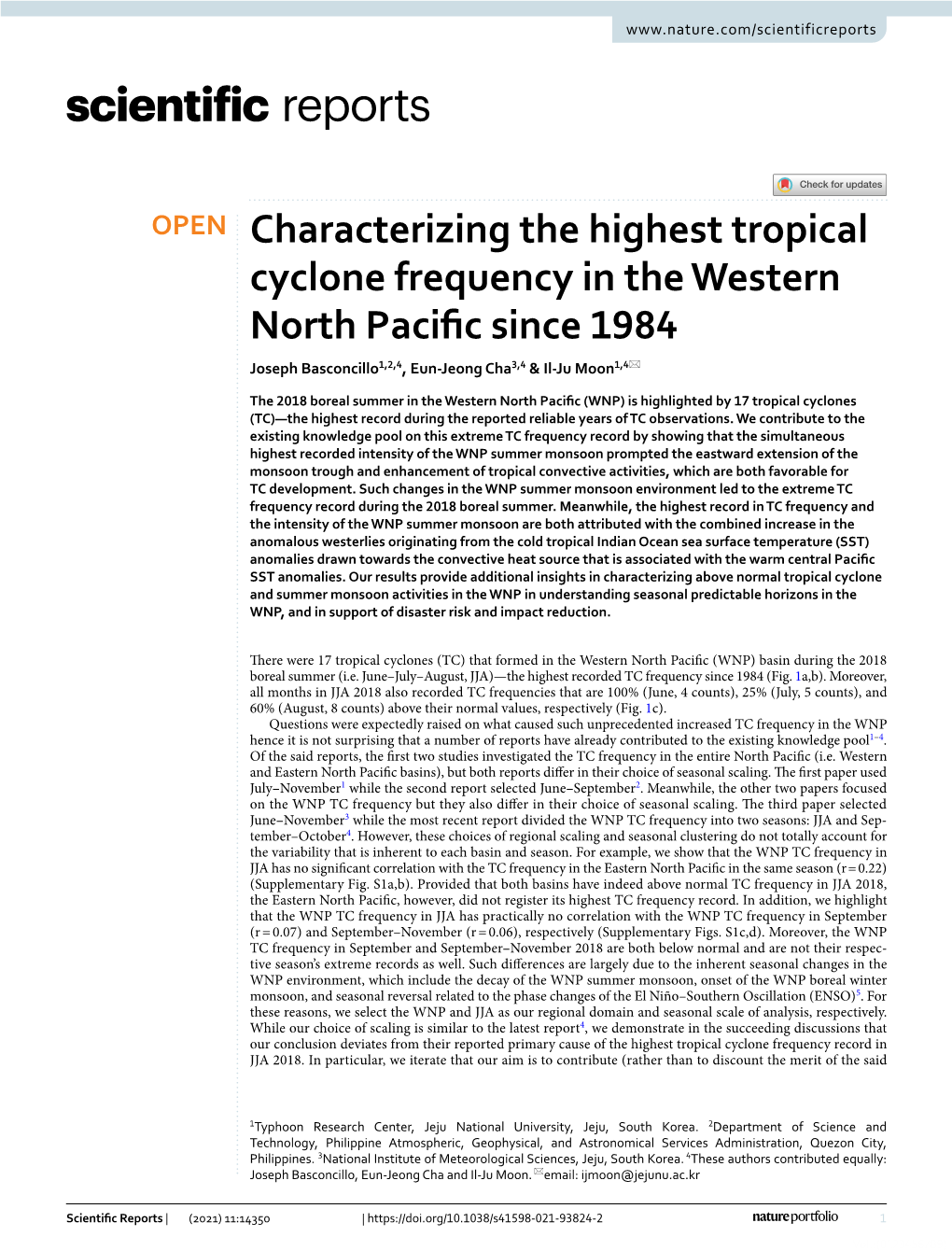Characterizing the Highest Tropical Cyclone Frequency in the Western North Pacifc Since 1984 Joseph Basconcillo1,2,4, Eun‑Jeong Cha3,4 & Il‑Ju Moon1,4*