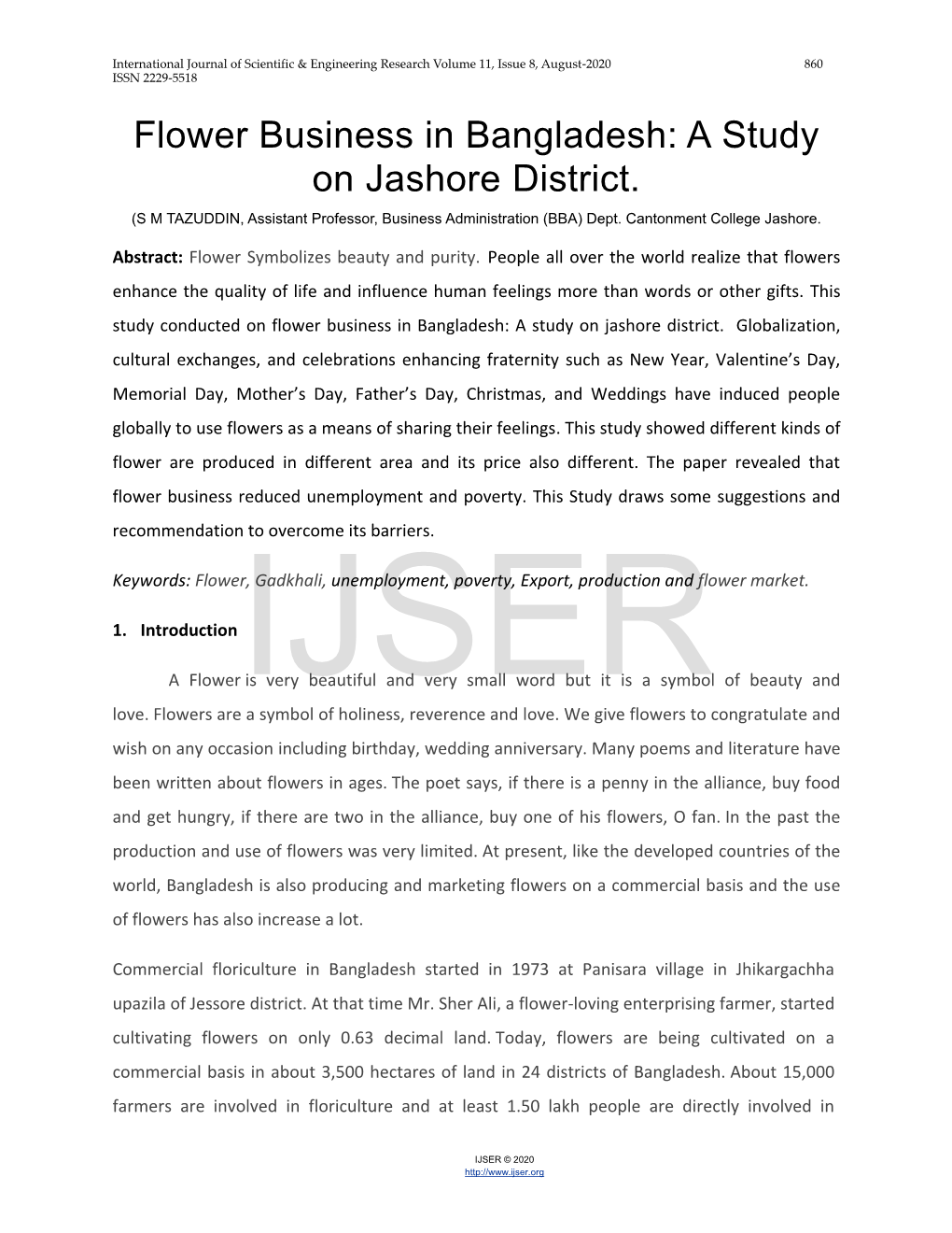 Flower Business in Bangladesh: a Study on Jashore District