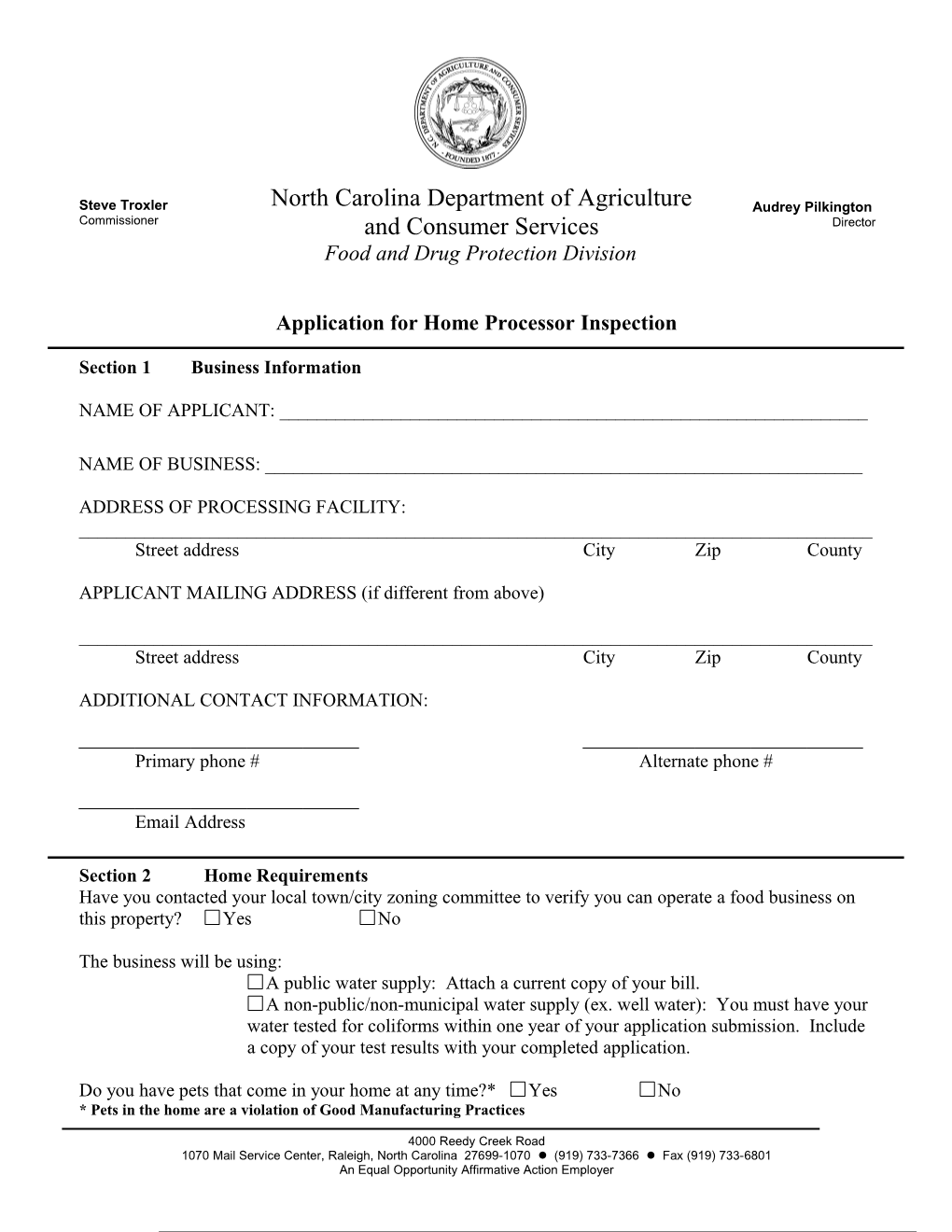 Application For Home Processor Inspection