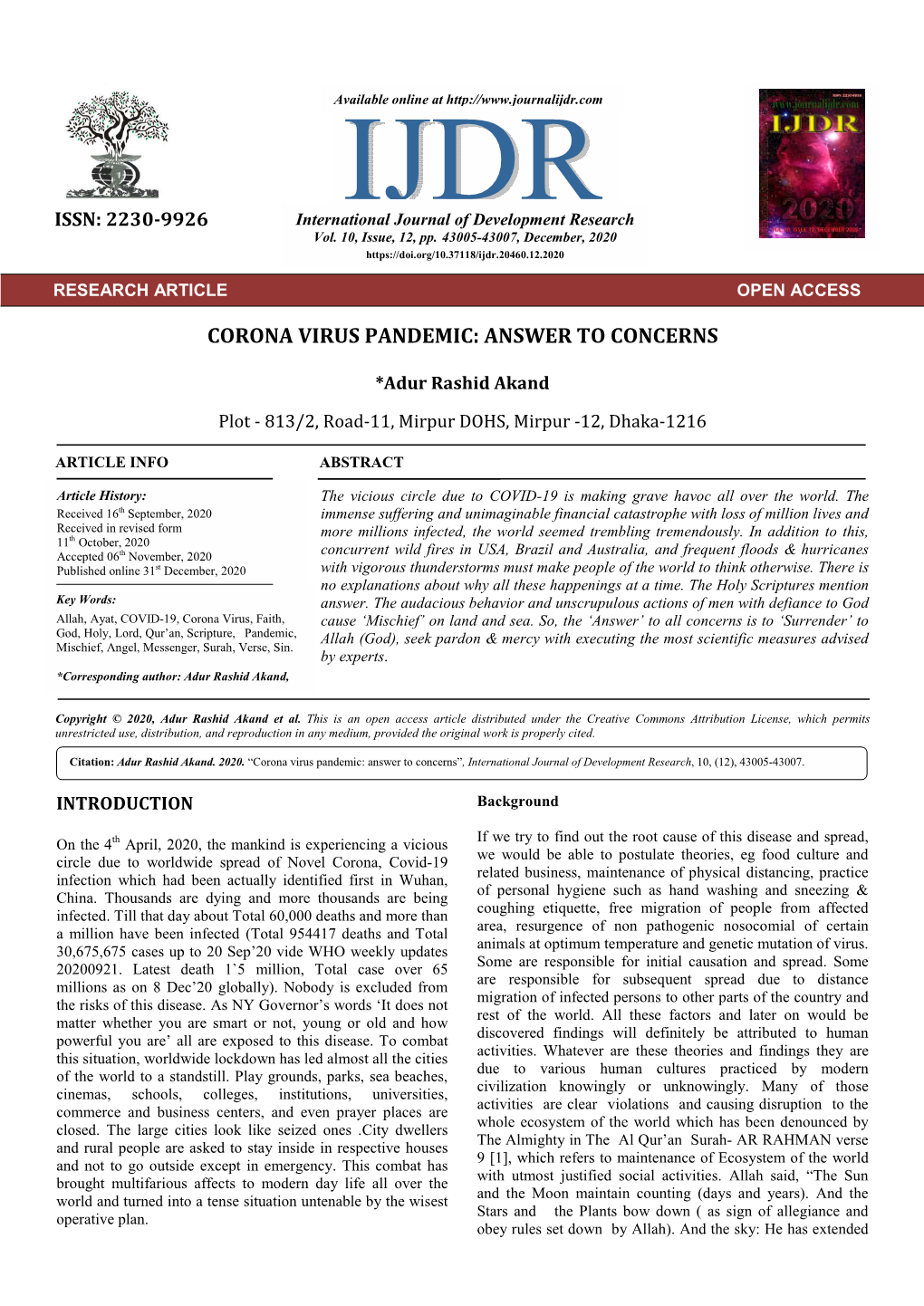 Corona Virus Pandemic: Answer to Concerns